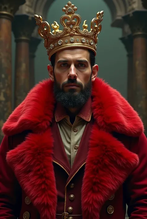 Man dressed in realistic red wearing a fluffy red coat and a tall gold crown 