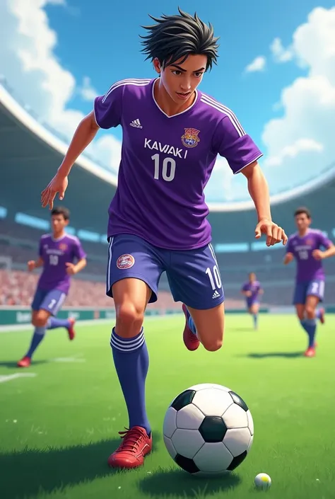 Believe me a wait for a young man playing soccer and whose shirt bears the name Kawaki and the number 10 that is purple