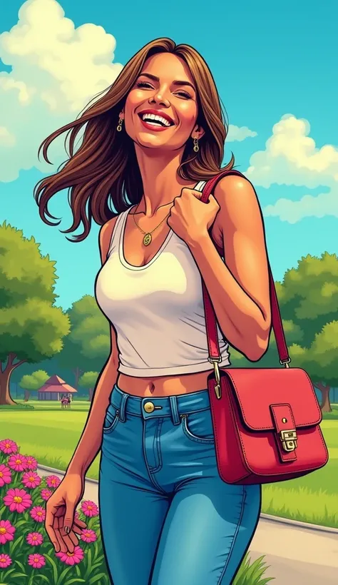 A comic book style image of an adult American woman, radiating happiness and a sense of accomplishment. She is dressed in casual and tasteful clothing, such as a bright, vibrant blue jeans, accessorized with a stylish handbag and a simple yet elegant piece...