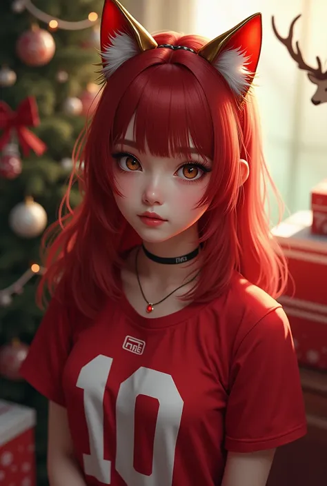 Neck length red hair woman with bangs, With Santa Clauss play, And gold cat ears,  red number 10 t-shirt, personagem de Free Fire, light brown eyes, 