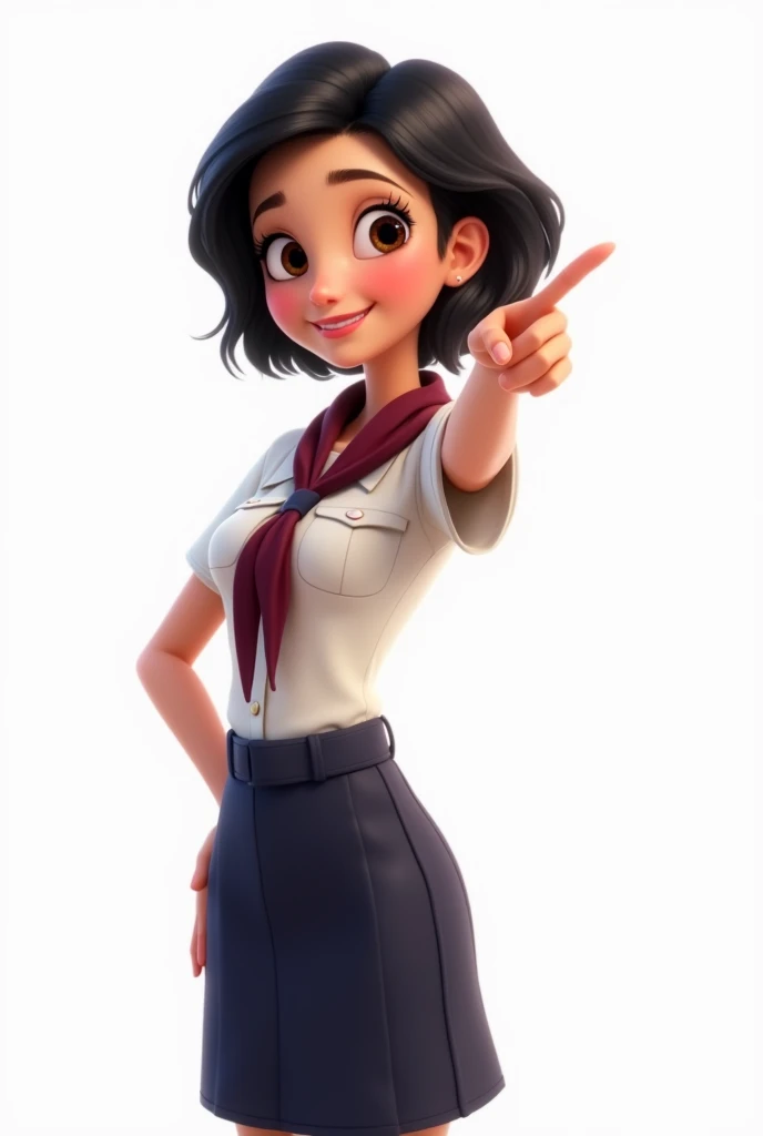 A Pixar-style lady with short shoulder-length hair and black. Her hair has black reflections with some layers framing her face .  She has a fair complexion with slightly flushed cheeks . His eyes are big, round and black , with long eyelashes.  His nose is...