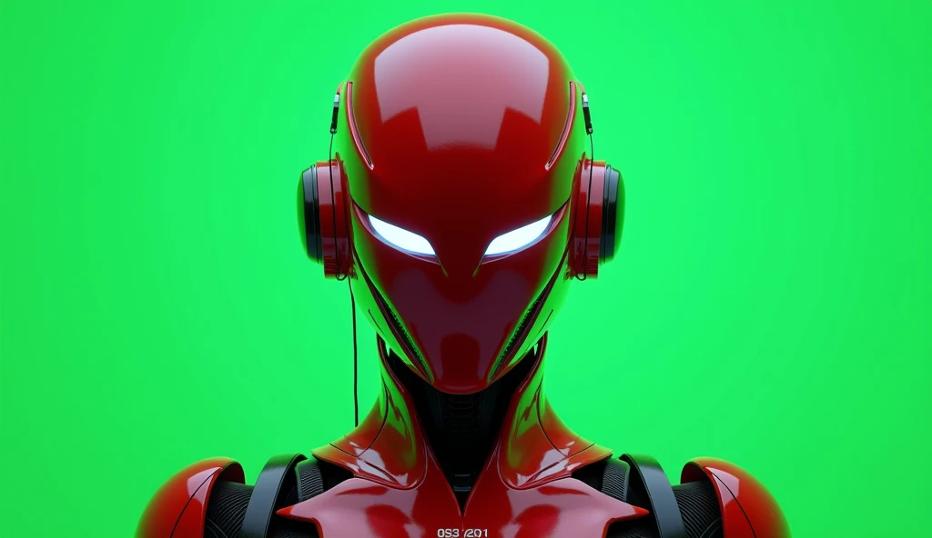 A cyborg , looking from the front on a green background,  with red futuristic helmet with white details, with earphones and glowing white eyes .
