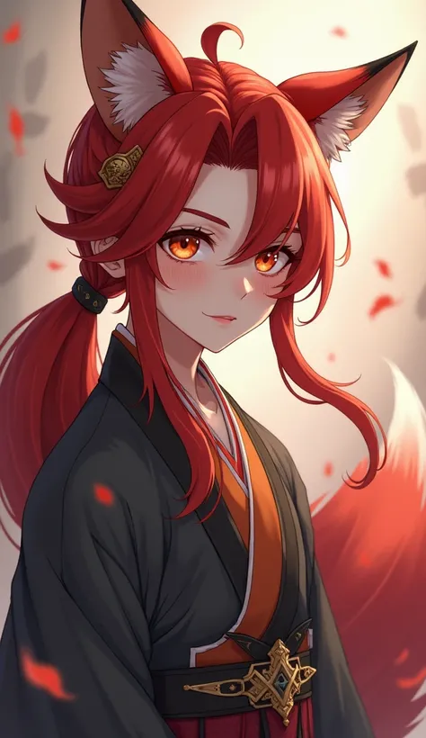 crossdressing,tsurime,orange eyes,fox_ears,Fox tail,red_hair,Low-tied long hair,hanfu,1boy