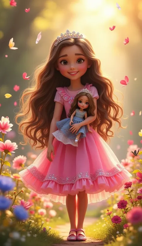 Júlia, A beautiful  girl named Júlia, with long brown hair shining in the sun, She wears a pink dress with ruffles and shiny details, along with shiny princess shoes is in the center of an enchanted garden, surrounded by magical flowers that shine in shade...