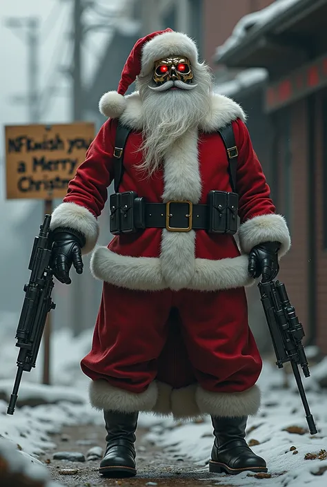 Santa claus terminator style with a cardboard jn the back saying NFK wish you  a marry christmas 