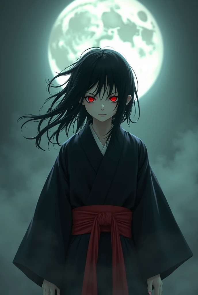 yokai , Boy,  black hair falling on his shoulders  ,  red eyes,  very fair skin  , sharp claws , wearing a black mens kimono with a red belt , the moon is shining in the fog  