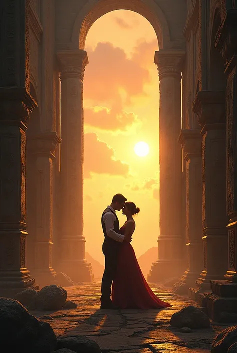   ruins background,  cinematic , HD, Magnificent, fantasy, magic, Book cover, shadows, dusk, amour, Kiss