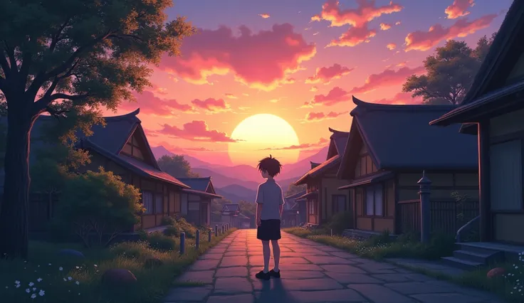 a person anime standing and watching the sunset in the village background with trees and grass