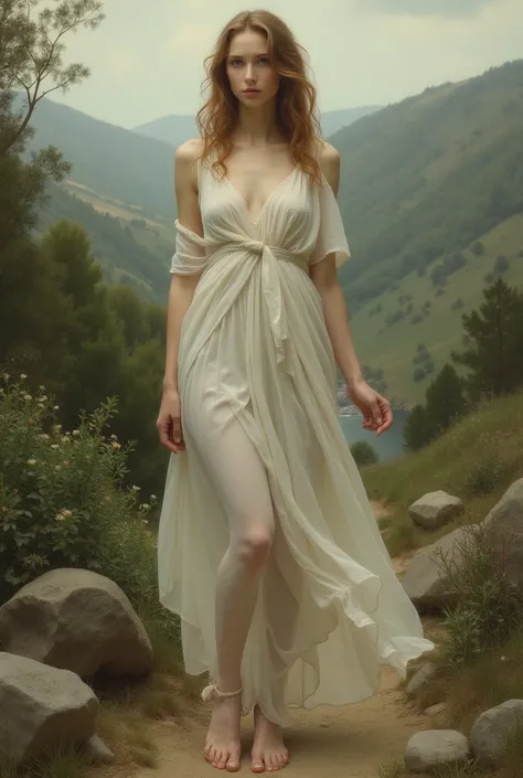 An androgynous nymph, with honey-brown hair, and her style of dress and lifestyle in the Archaic Period of Ancient Greece, with pale skin like a porcelain doll and gray eyes.