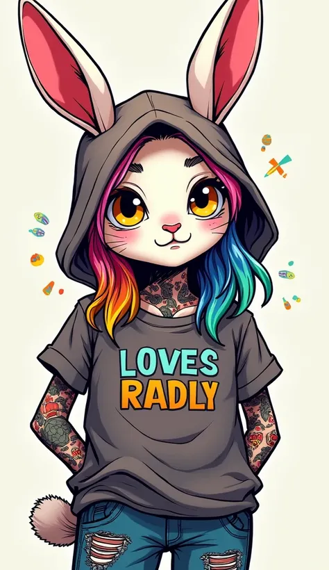 Cool and trendy rabbits, Hair colored with rainbow,  yellow eyes , Wear trendy hip-hop clothes, wearing a hood, Graphic T-shirt and ripped jeans, Many tattoos and piercings, Doodle style background, Highly detailed backgrounds, Perfect masterpiece,  high q...