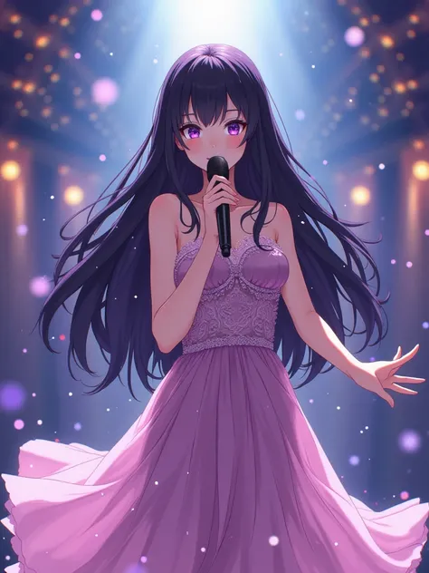 very pretty, female, ,  black hair , purple eyes, Singer, stage, Idol (anime)
