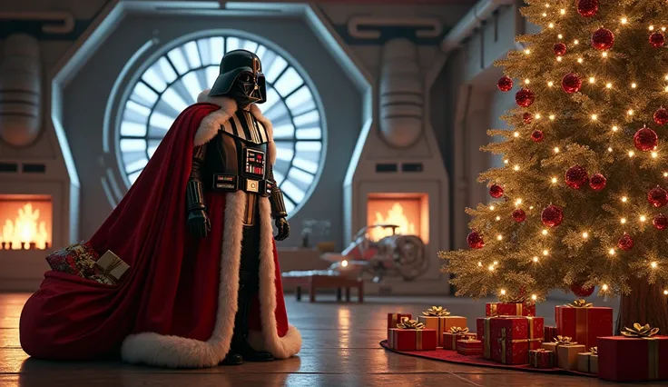 Create a Christmas image of Darth Vader dressed as Santa Claus delivering presents under a Christmas tree in the living room of a Star Wars house.