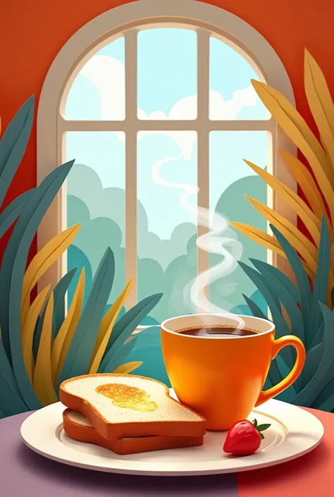 Illustration of a breakfast with a skylight with a coffee and a plate with toast using the paper cut art technique, which consists of the superimposition of colored papers forming layers 