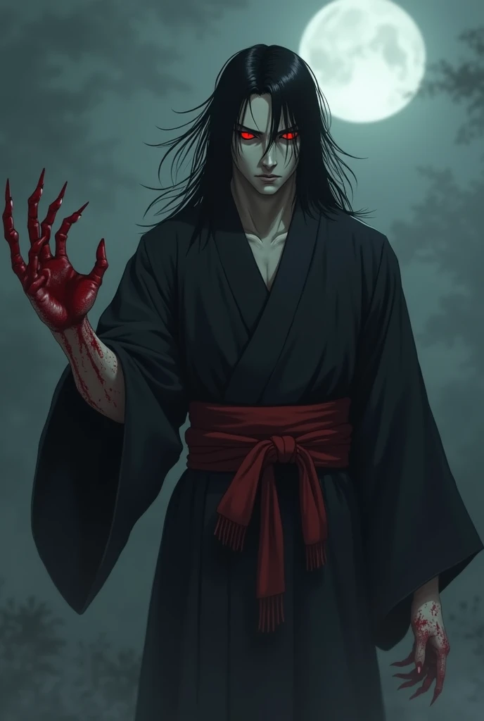 yokai , tall man, black hair falling on his shoulders  ,  red eyes ,  very fair skin  , sharp claws ,  is wearing a black mens kimono made of red, 
  with a belt  , the moon is shining in the fog  , reaches out his hand stained in blood,  cunning look 