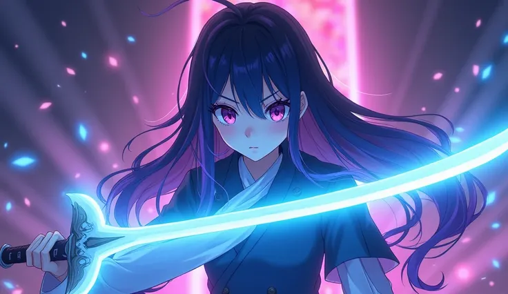 Young girl,  long black and purple hair,  hard shadows, purple eyes,  clothing covering arms and neck, colored anime,  Lighting, sky blue sword , Illuminated background,