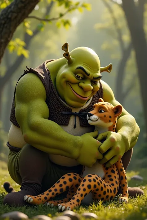 Shrek and a humanoid cheetah cuddling 