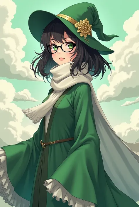 anime girl in green dress with glasses and a white scarf, a character portrait inspired by Li Chevalier, polycount contest winner, rococo, astral witch clothes, lady palutena, full portrait of elementalist, full body picture, sage ( valorant ), ((wearing a...