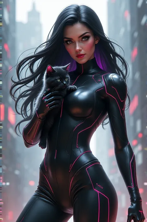 1 superhero female game version character, no mask, black hair, holding a long black haired kitten holding a