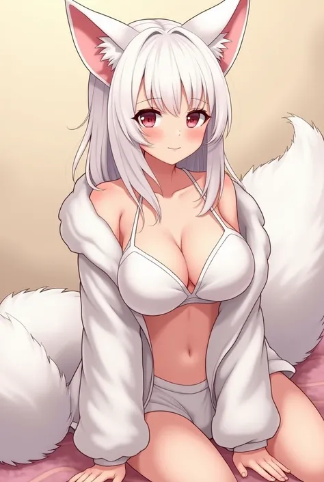  white fox ears and fluffy soft fox tail, world cute appearance and F cup big boobs. Anime girl with beautiful body . Im wearing warm white padding, a sports bra, and short dolphin pants