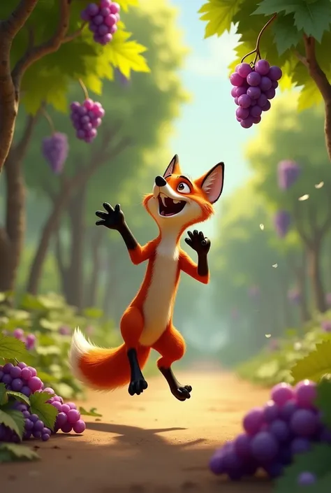 Scene 3: Fox Jumping for Grapes
The Pixar-style fox leaps into the air, front paws outstretched towards the grapes, which remain just out of reach. The scene captures the fox mid-air, determined yet struggling to reach the fruit.
