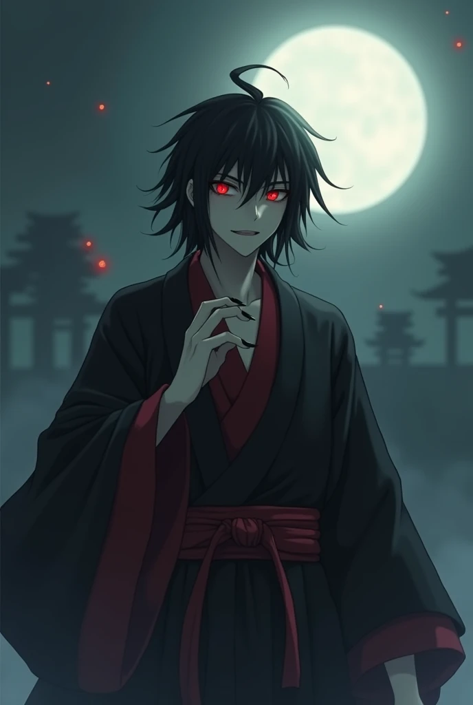 yokai , Tall young man, black hair falling on his shoulders  ,  red eyes ,  very fair skin  , sharp claws ,  dressed in a black mens kimono in red, 
  with a belt  , the moon is shining in the fog  ,  reaches out  , a cunning look and a smile 