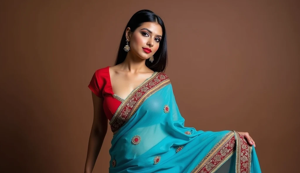 Make aunty image with huge cleavage huge  4 and big bhumper ass in saree sky blue and blouse red bending pose