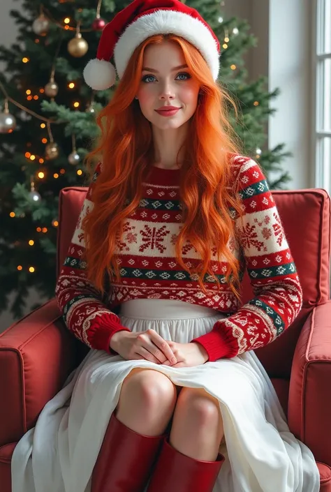      Hyperrealistic watercolor A red-haired woman     ,     her beauty is unreal     , perfecta ,with a curvaceous body       ,     She wears an elegant white skirt with a Christmas sweater and a Christmas hat and    ,and high boots, ,       her hair is lo...