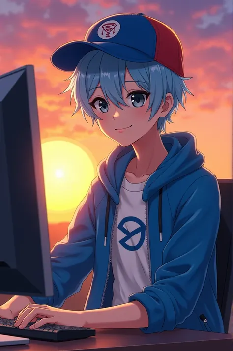  Adult anime boy with light blue hair and wearing a blue and red cap,  with a symbol on the white shirt , y wearing a blue jacket ,  with black eyes ,  looking at his computer smiling as he watches the sunset  