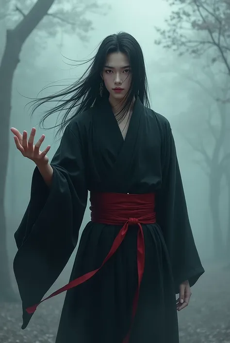 Tall young man ,  Black Long Hair, scarlet eyes ,  very fair skin  , wearing a black mens kimono with a red belt , he stands in the fog and reaches out his hand  , a cunning look and a smile  , manhwa 