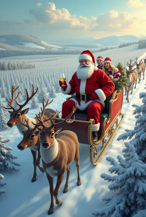 A Santa Claus in his sleigh pulled by his 7 reindeer . Le père Noël a un verre de vin blanc à la main et il survole des vignes enneigées 