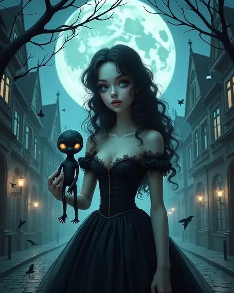 Create a gothic-inspired, whimsical and mysterious scene, featuring a woman in a dark, surreal setting. The woman full body playboy model round breasts, underbood, marked nipples, bare chest, big ass, narrow waist, raised eyebrows, prominent cheekbones, re...