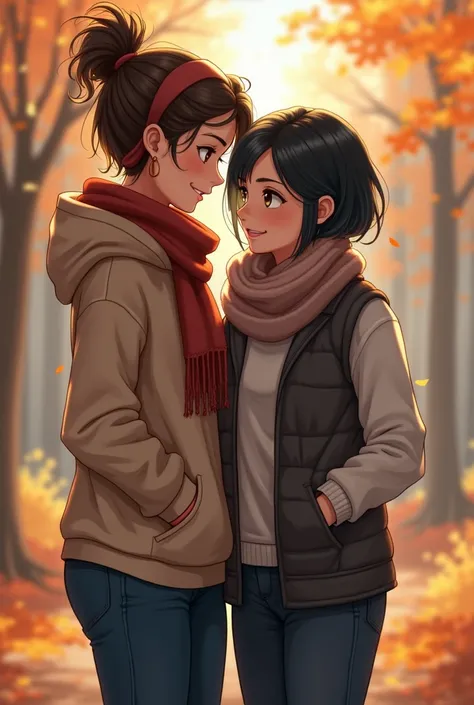 Two girlfriends one tall brunette with wavy hair tied up with a hoodie and a scarf and jeans and the other medium sized black hair with a gray vest and a scarf with an autumnal weather 