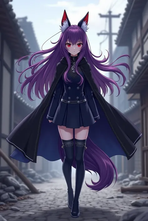 Her name is Haru, she has long purple hair with white streaks, crimson red eyes, wears a dark blue and black outfit, with a black cape around her body, she is a kitsune and walks through a destroyed village while her cape flutters in the wind