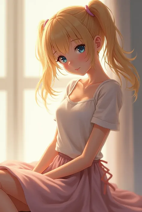 young blond woman, twintails, skirt, sexy, shy, 