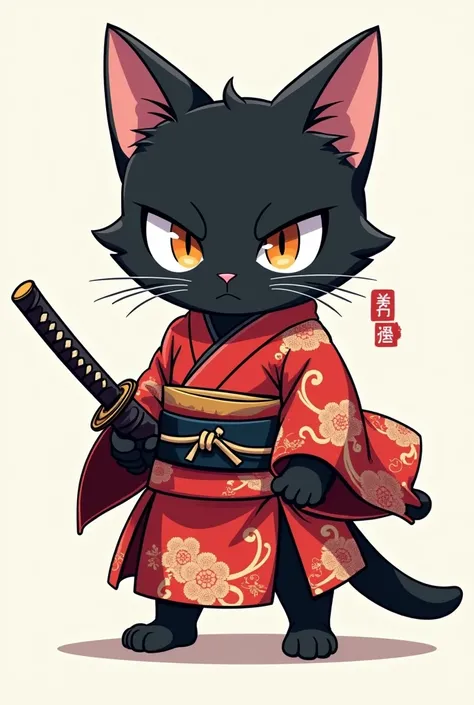 Bipedal black cat、 riding a deformed 、Dressed in kimono、Ronin、Alone,  with a sword around her waist  , 2b anime, chibi anime