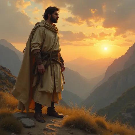 realistic painting of a man wearing a worn tunic ,  used robe and a rope around his waist standing on a hill ,  the mans body heading towards the mountains and setting sun in the background of the image.