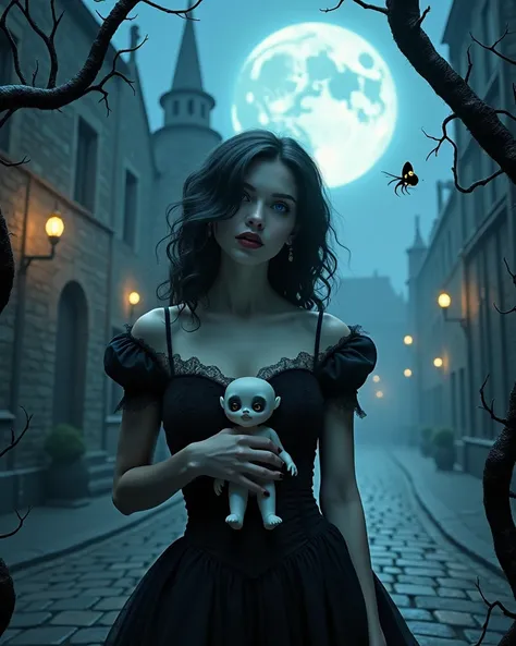 Create a hyper realistic photography gothic-inspired, whimsical and mysterious scene, featuring a woman in a dark, surreal setting. The woman full body playboy model round breasts, underbood, marked nipples, bare chest, big ass, narrow waist, raised eyebro...