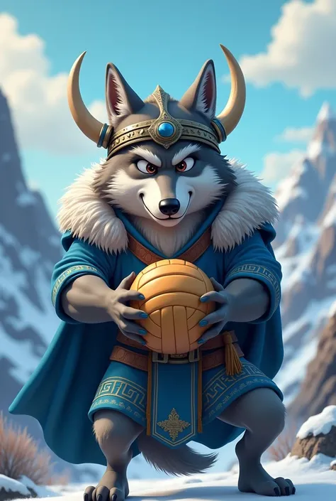 an animated image of a wolf holding a volleyball and wearing blue Viking clothing