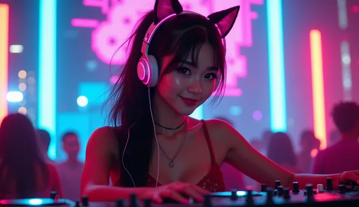 nikon photo of a beautiful, happy and sexy 20 years old woman with perfect boobs, smiling. She is wearing cat headphones with leds, disc joking in the club with a led panel in the background showing a pixeld cat. She has black hair with pink light, ponytai...