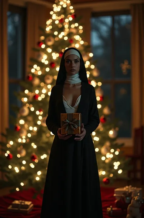 Nun naked next to a Christmas tree with Christmas spheres and lights with a present in her hands