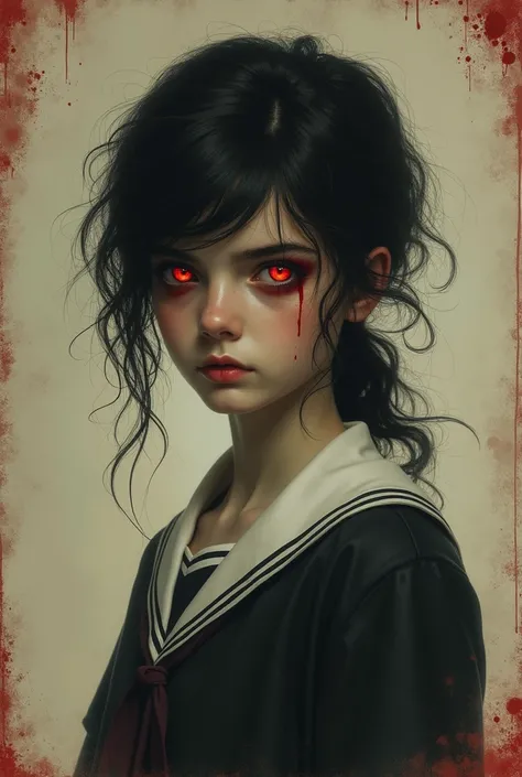 Girl in high school clothes,  tousled hair,  red eyes filled with blood, in a typical 1920s portrait with a bloody vignette