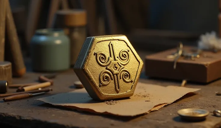 a small, 3-centimetres thick hexagonal artefact, no more than three inches wide, with 4 strange symbols divided into segments made of an unearthly gold-coloured material, sitting on a jewellers workbench. very detailed.