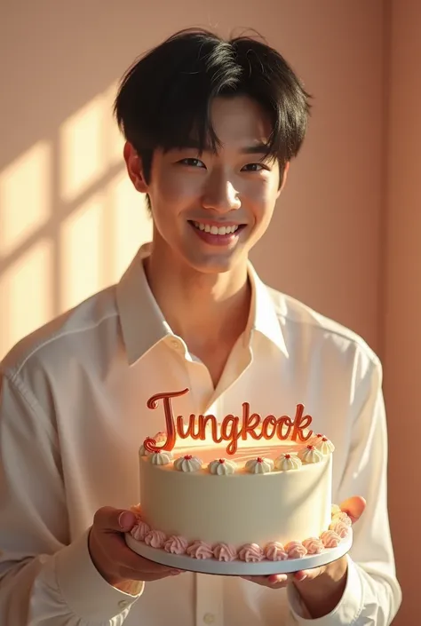 Make a photo of Jungkook holding a birthday cake. iin inaroh on the birthday cake. Make sure the text is not misspelled