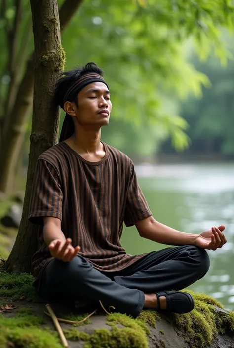  Realistic photography ,  a picture of a 22-year-old javanese man wearing a black-brown striped headband,  wearing a brown black striped shirt , smooth black pants ,  shirt and his pants are full of unkempt dirty moss , memakai sandal jepit warna hitam , p...