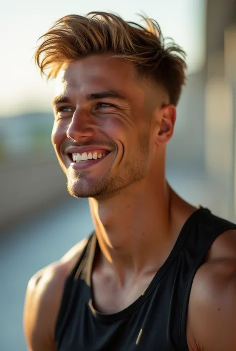 An attractive , sporty man of around 22 years ,  with dark blond hair .  He has a well-defined physique and is dressed in a sporty outfit .  His face shows a self-confident ,  charming smile .  The background could be a modern ,  urbanized landscape or a g...