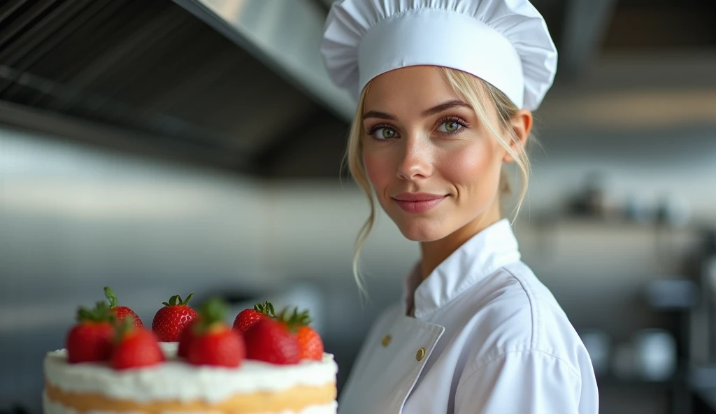  create a realistic image of a beautiful woman, chef, With blond hair tied in a bun , with chefs hat, Shes in the kitchen with a strawberry cake .  Looking at the camera ( depth of field )