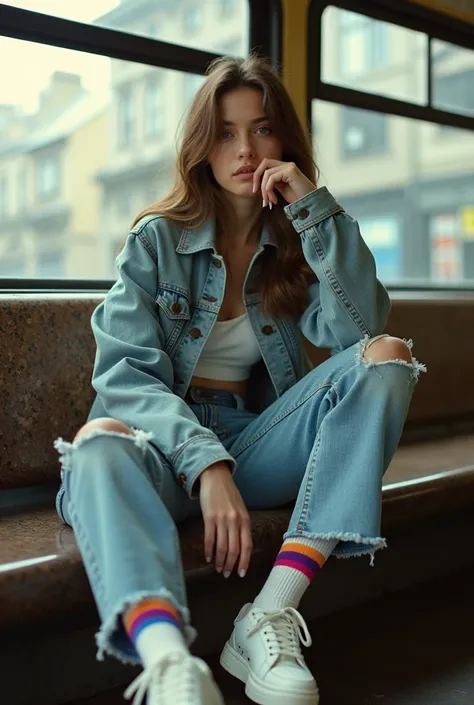 (Casual street style portrait:1.5) featuring a young woman sitting confidently in a bus, dressed in a distressed denim jacket and ripped jeans, with white sneakers and colorful socks, striking a relaxed pose with one leg crossed over the other and a though...