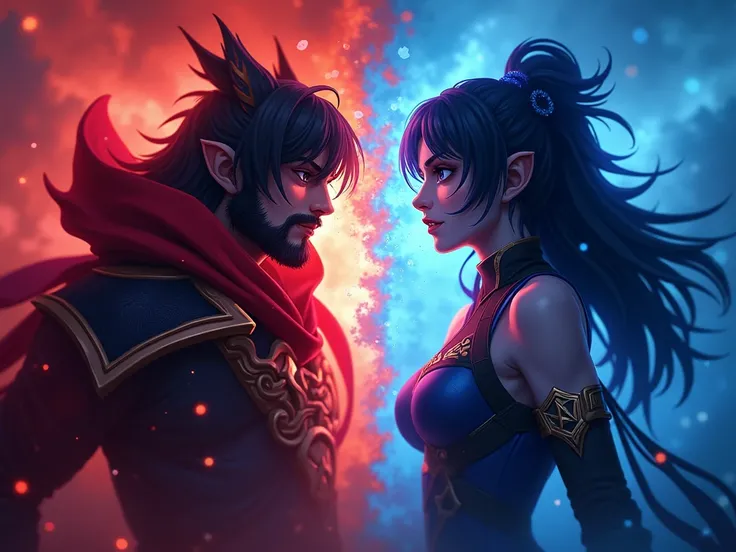  Description for Thumbnail :

 Background with vibrant shades of red and blue representing competing teams .
 Iconic League of Legends champions in dramatic poses  (Ex.: Yasuo e Ahri) lado a lado com efeitos Explosivos.
Adicione tExto chamativo em negrito:...