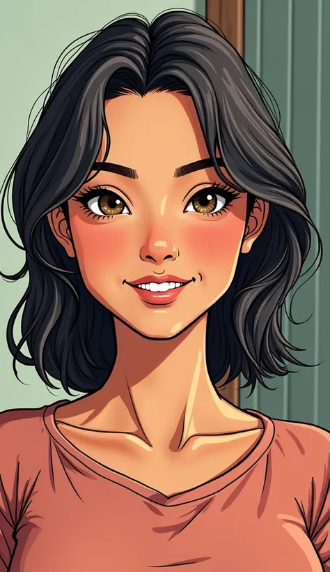 DISCREET image. with discreet casual clothes. image adult woman, american, comic book style. with a discreet smile. IMAGES WITH VIBRANT COLORS. focus on face