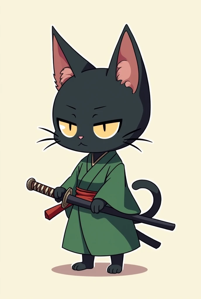 Bipedal black cat、 riding a deformed 、Simple green dress、Japanese ronin 、simple obi、Alone,  with a sword around her waist  , 2b anime, chibi anime, half-closed eyes, 